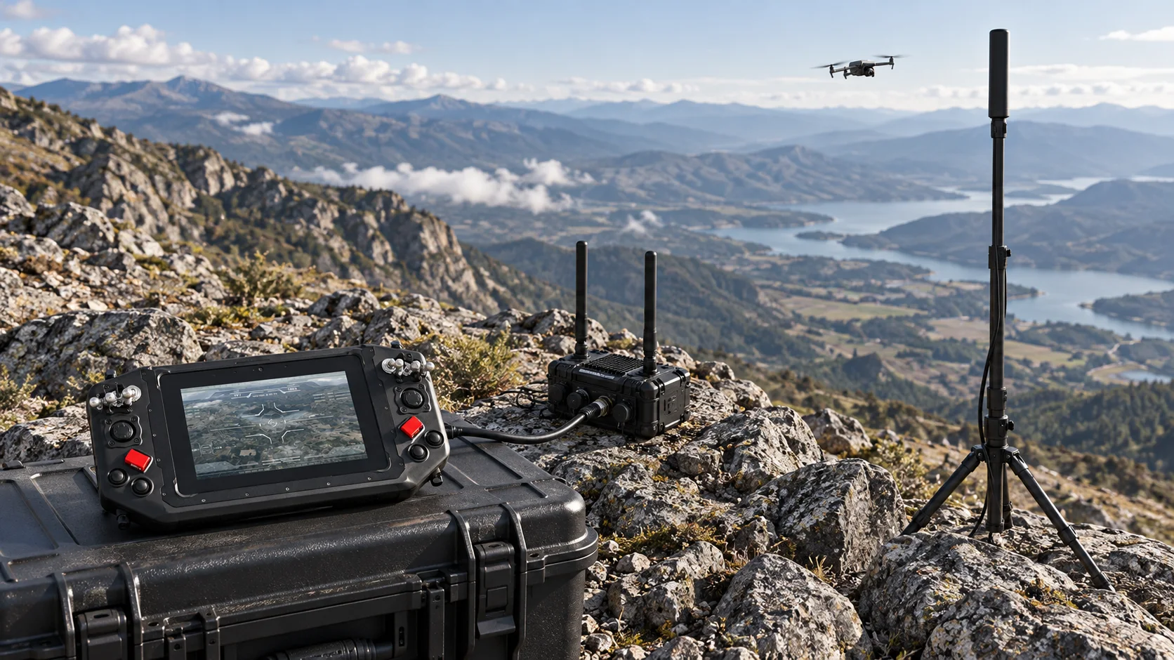 Field controller physically connected to an external radio with an unmanned aircraft beyond