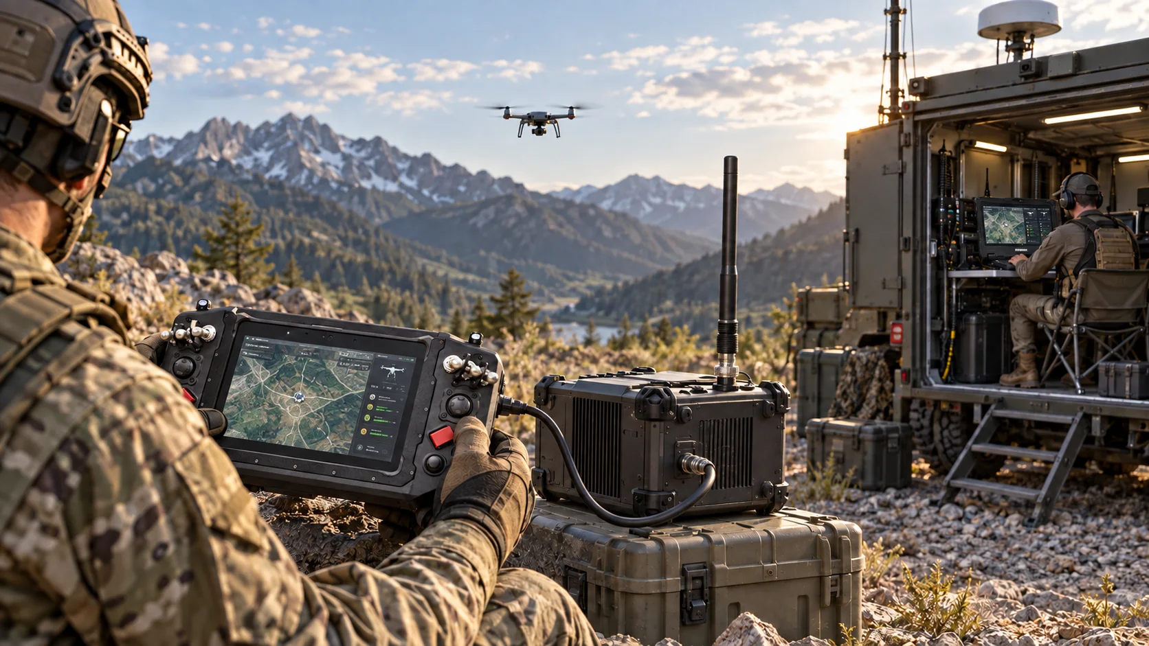Durabook field controller alongside a Z14I-HG command-center laptop and unmanned system in an illustrative deployment