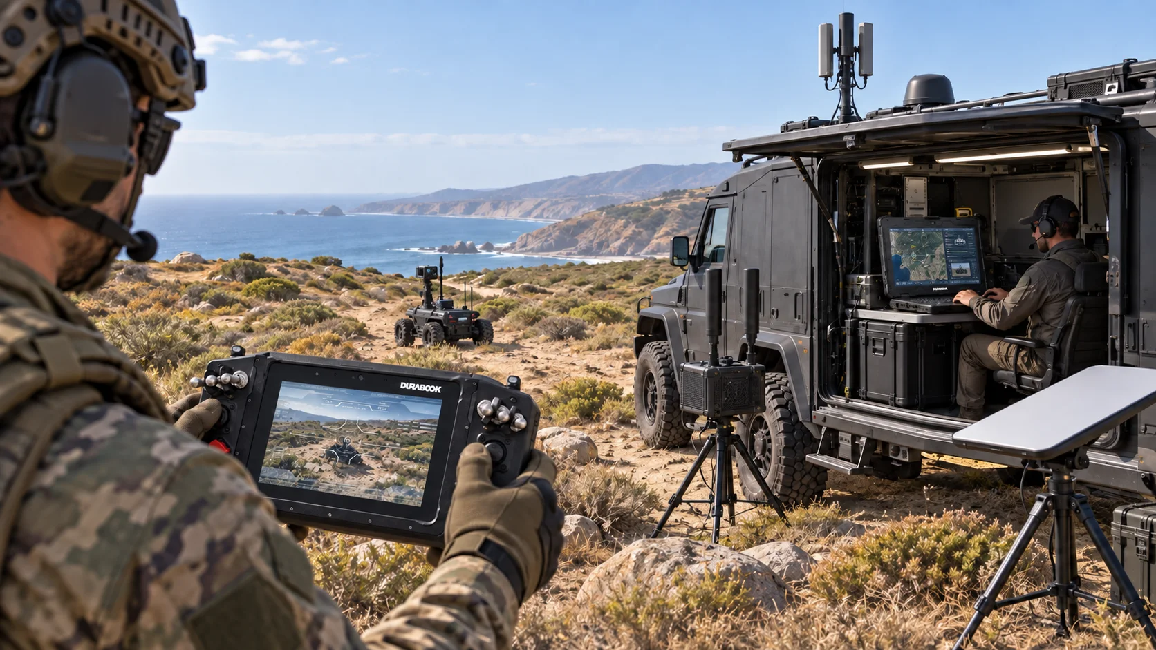 Durabook field controller alongside a Z14I-HG command-center laptop and unmanned system in an illustrative deployment