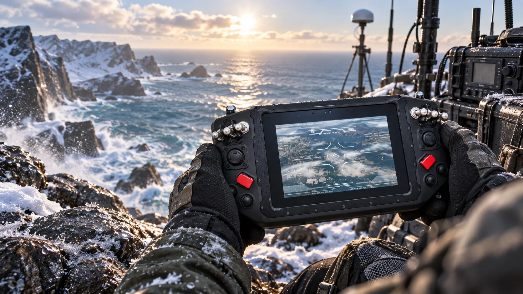 GC-R8 in a cold coastal command setting with water exposure, bright sunlight and nearby radio equipment